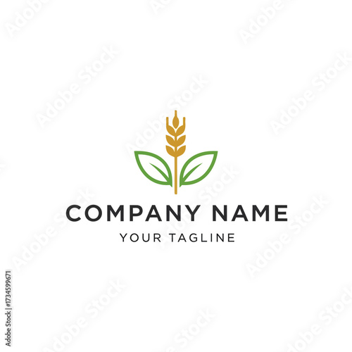 A minimalist logo design featuring a golden wheat stalk with green leaves, symbolizing agriculture, nature, and organic products.