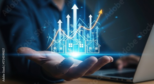 Hand holding glowing houses with rising graph and percentage signs real estate housing market
