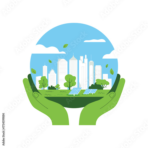 Sustainable urban development concept city skyline, solar panels, and green spaces cradled in caring hands