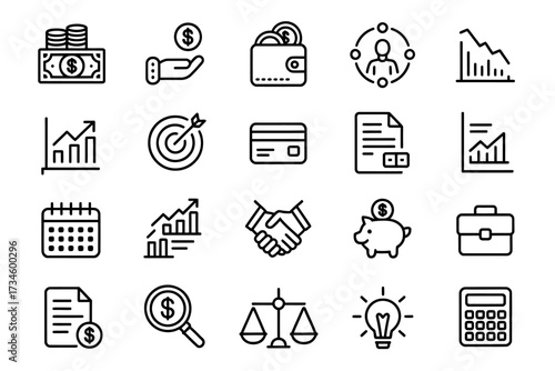 Financial Icons Money, Investment, Growth, and Banking in Simple Line Art