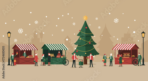 An inviting Flat Design banner illustration capturing a bustling Christmas market festival scene with stylized stalls and a festive tree. 