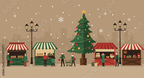 An inviting Flat Design banner illustration capturing a bustling Christmas market festival scene with stylized stalls and a festive tree. 