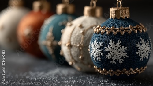 Knitted Christmas ornaments with embroidered snowflakes and festive patterns