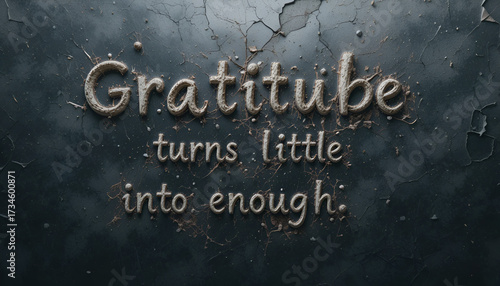 Gratitude turns little into enough, a powerful quote about appreciation and contentment, rendered in textured lettering on a dark, distressed background