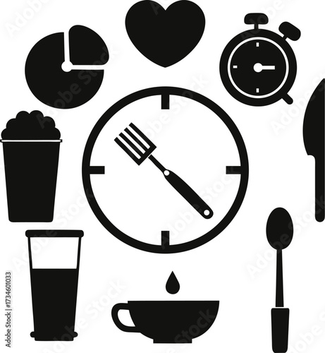 Collection of black silhouette icons representing food time and health isolated on white background isolated on transparent background