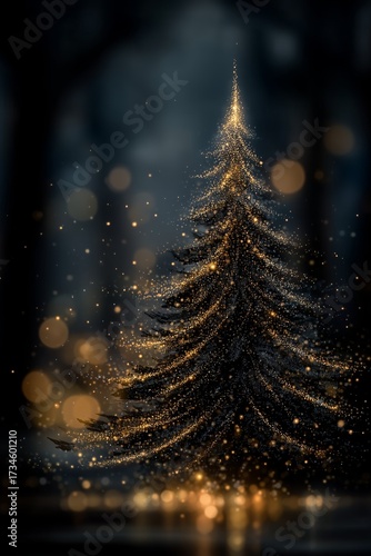 Abstract golden particles forming a glowing Christmas tree and a glittering path against a dark background