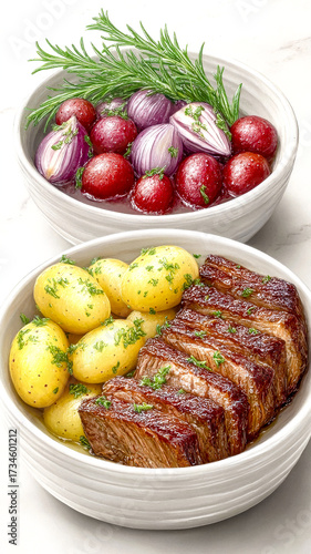 A meal of braised beef short ribs with boiled potatoes and a side of roasted red onions in separate white bowls.