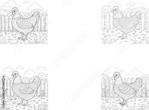 Four identical black and white line art illustrations of a hen standing in a grassy yard with a picket fence, suitable for a coloring page.