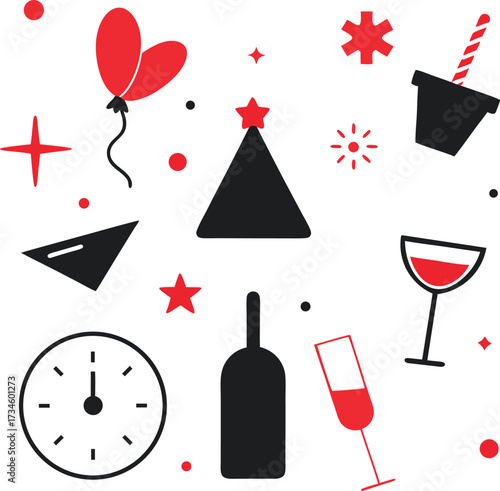 Collection of new year s eve party celebration elements including a clock wine glasses balloons and party hats isolated on white background isolated on transparent background silhouette