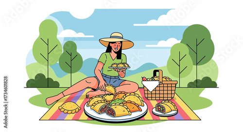 A cheerful woman enjoys a picnic with delicious empanadas in a scenic park setting