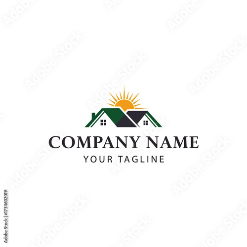Real estate logo design template featuring two house rooftops under a bright shining sun.