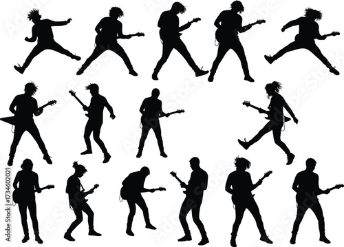 Guitarist silhouette collection with jumping and playing poses, rock musician on stage, electric guitar performance vector design for concert, festival, music artwork