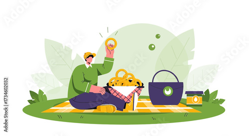 A flat vector illustration of a person enjoying a picnic with pretzels and a bag outdoors