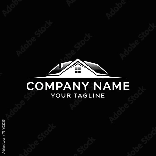 Modern minimalist house roofline logo design with company name and tagline on a black background, representing real estate or construction business.