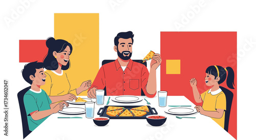 A Happy Family Enjoying Pizza Night Together in a Stylized Illustration Celebrating Family Time