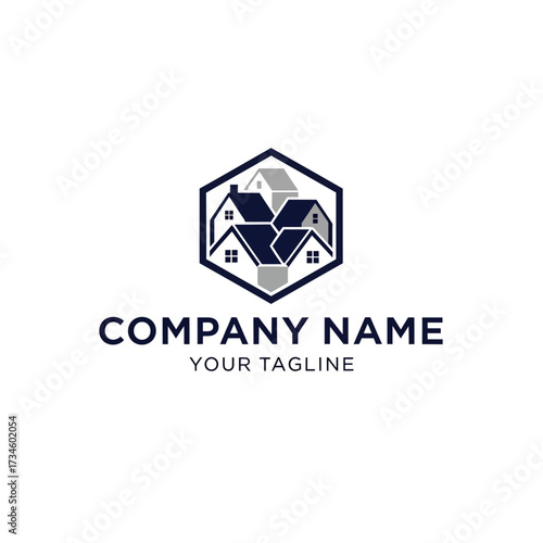 Real estate logo design featuring a cluster of houses within a hexagon frame, with placeholder text for company name and tagline.