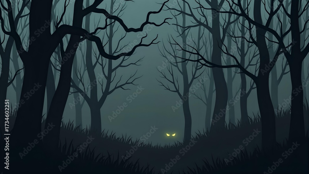 Obraz premium Minimalist Eerie Woodland Silhouette with Glowing Eyes