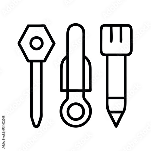 Three different types of fasteners and tools for installation and removal