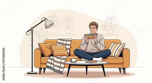 A Man Enjoying a Hotdog on the Couch in a Cozy Room, with Plants and Warm Lighting Creating a