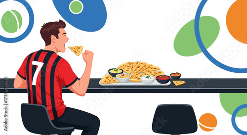 A soccer fan enthusiastically eating pita bread and dipping sauces while supporting his team