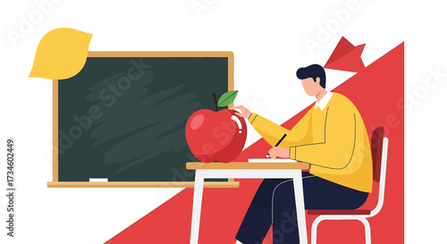 A student learning in the classroom with an apple and chalkboard illustration