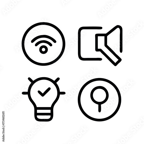 Four simple outline icons representing wi fi mute idea and location