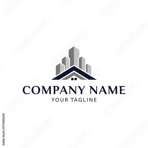 Modern logo design featuring a stylized cityscape with a prominent house roof, suitable for real estate or construction businesses.