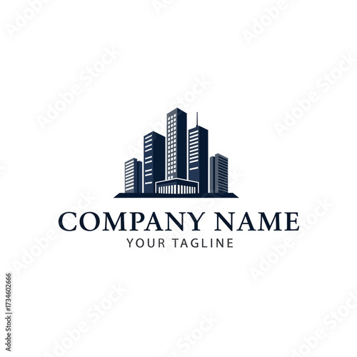 A sleek, dark blue silhouette logo featuring a modern city skyline with multiple tall buildings and a central domed structure, suitable for a corporate or real estate business.