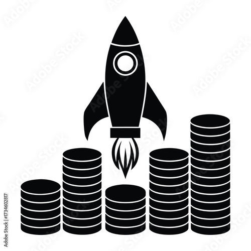 Rocket Launching from Coin Stacks Finance Concept