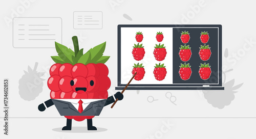 Animated raspberry character in a suit presenting data on a laptop screen concept design