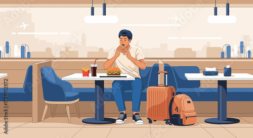 Airport dining: Young man enjoying a meal before his flight with luggage nearby in illustration