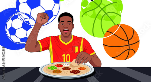 Animated sports enthusiast celebrating victory while enjoying traditional Ethiopian cuisine
