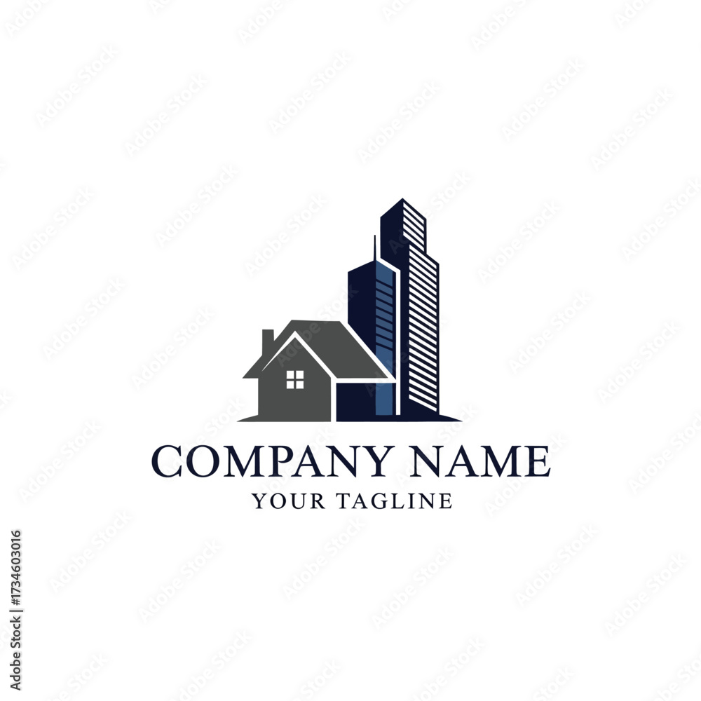 Fototapeta premium A logo featuring a house and two tall buildings, symbolizing real estate or property development.