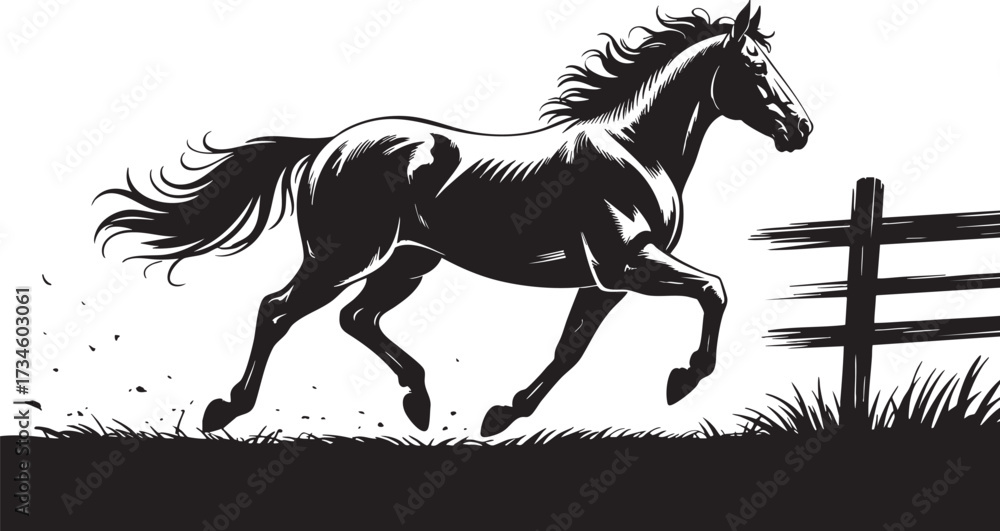 Fototapeta premium Galloping horse black silhouette vector illustration.