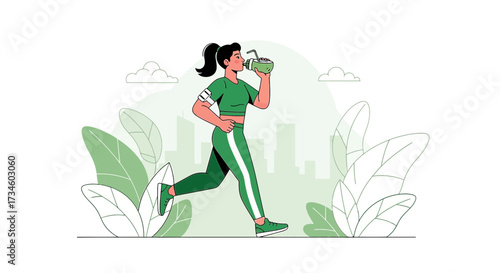 Athletic woman drinks coconut water while jogging in city park for healthy lifestyle