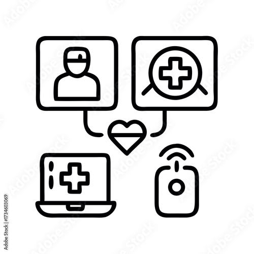 Digital healthcare connection doctor patient laptop and remote monitoring iconography