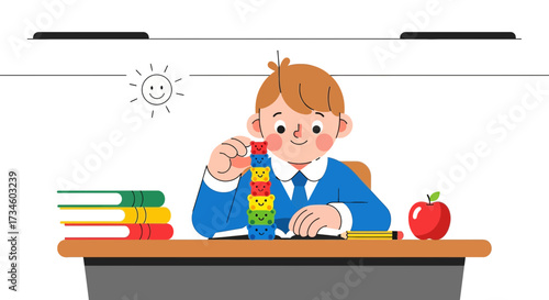 Boy carefully building a tower of colorful blocks at school while learning and playing