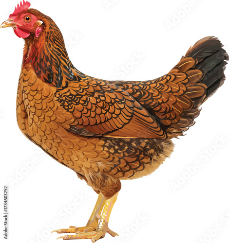 A detailed side profile of a golden-laced Wyandotte chicken with intricate feather patterns and a bright red comb.