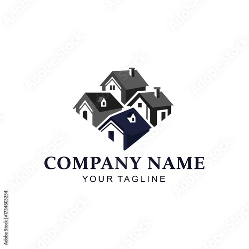 A modern real estate company logo featuring four stylized houses in a diamond arrangement with text placeholders below.