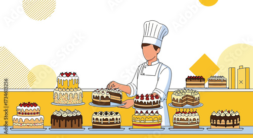 Baker presenting his delightful cakes in a vibrant bakery environment illustration