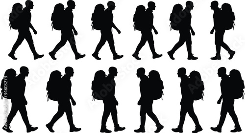 Black silhouette hikers walking in pairs with backpacks — vector set ideal for travel, adventure, trekking, tourism, outdoor lifestyle, and hiking design projects