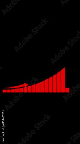 Red bar graph with upward trend arrow on black background data