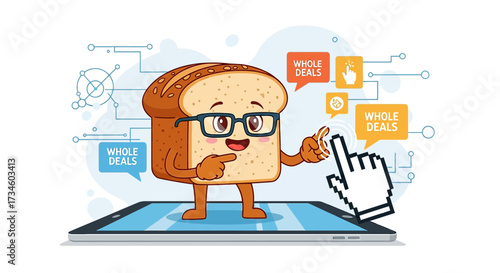 Cartoon bread character with glasses presenting online food deals through mobile app