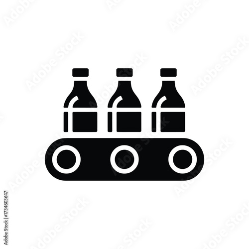 Industrial production line with three bottles on a conveyor belt