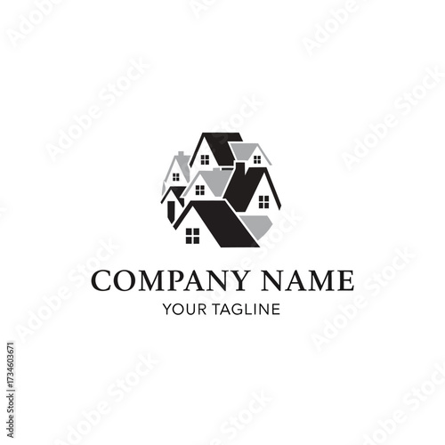 Real Estate Company Logo Template with Houses and Tagline Space.