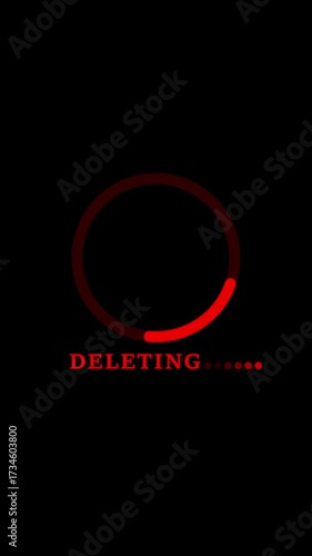 Red Circular Progress Bar with DELETING Text and Loading Dots on Black Background deleting circle