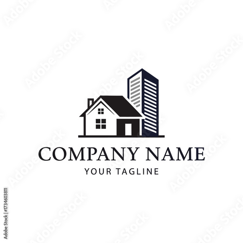 A black and white logo featuring a house next to a modern skyscraper, with placeholder text 'COMPANY NAME' and 'YOUR TAGLINE' below, representing real estate or property development.