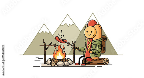 Cartoon hotdog character camping in the mountains by a fire with a backpack