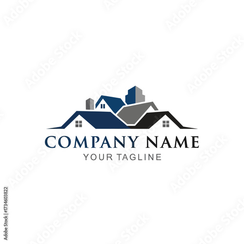 Modern real estate logo design featuring multiple house roofs and city buildings in blue, gray, and black colors, with placeholder text for company name and tagline.
