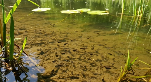 Clear pond with tadpoles and aquatic plants in natural environment